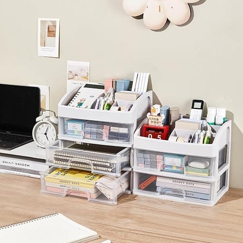 Desk Organizer with 4 Drawer Storage, Desktop Drawers Organizer for Office/School Supplies, Plastic Stationary Makeup Organizer, Desk Storage Box Organizer for Office, School, Bathroom thumbnail 5