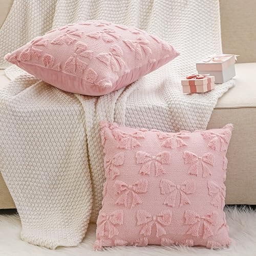 Mixweer Bow Pillow Covers Set of 2 Coquette Room Decor Cute Faux Fur Soft Bowknot Preppy Stuff Fluffy Plush Aesthetic Pillow Covers for Bed Sofa Couch, Fall Christmas Decor(18 x 18 Inch,Dark Pink) thumbnail 6