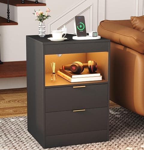 Yusong LED Nightstand Bedside Table with Charging Station 2 Drawers, Black Modern Sofa Couch End Side Table with Lights, Invisible Lock and Pull-Out Shelf for Bedroom Living Room thumbnail 3