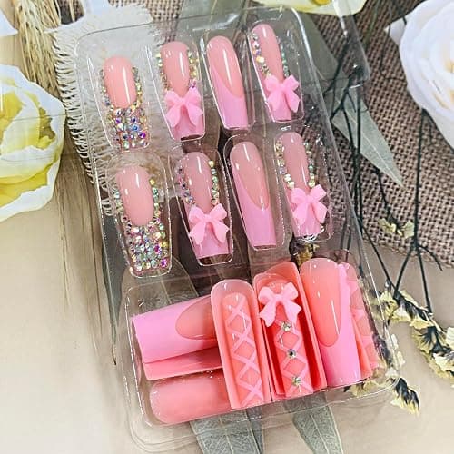 FIEONCIY Press on Nails Long Coffin Shaped Acrylic Glossy Full Cover Long Square French False Nails with Designs Artificial Extra Long Fake Nails with Charms Glue ons Fingernails for Women(XG10187) thumbnail 5
