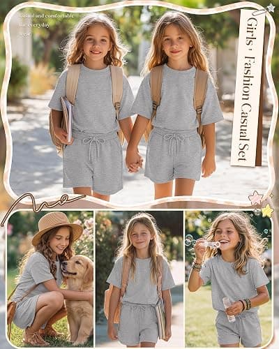 Mumucove Girls' 2 Piece Outfits 5-14 Years Loose Sets Kids Short Sleeve Drop Shoulder T-shirt Drawstring Shorts with Pockets thumbnail 2
