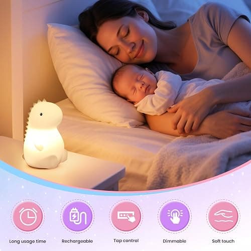 loatme Night Light for Kids, Rechargeable Dimmable Silicone LED Nightlight with 7 Colors, Baby Nursery Night Lamp, Touch Squishy Lamp, Cute Gifts for Girls, Boys, Toddler Room Decor, Dinosaur thumbnail 5