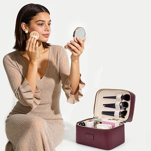 HiTotes Large Makeup Bag Duo Vanity Case for Women Leather Makeup Case Travel Toiletry Bag Portable Double Layer Cosmetic Bag thumbnail 6