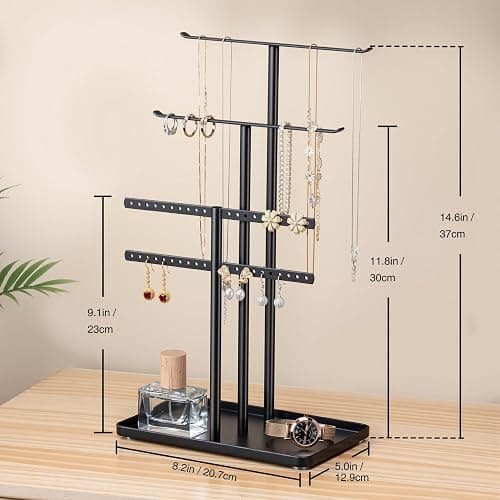 Jewelry Stand Organizer Black - 37CM Tall Sturdy Metal, 3-Tier Jewelry Holder for Necklace, Earring, Bracelet, Ring thumbnail 3