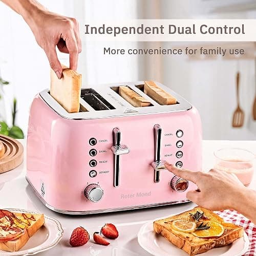 Roter Mond Toaster 4 Slice Retro Stainless Steel with Extra Wide Slots Bagel, Defrost, Reheat Function, Dual Independent Control Panel, Removable Crumb Tray, 6 Browning Levels, Pink thumbnail 6