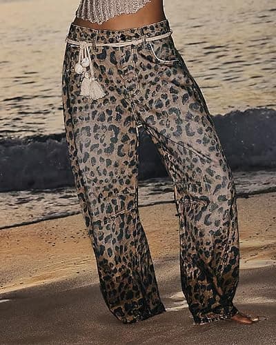 Kedera Women's Baggy Barrel Jeans Casual Boyfriend Mid Rise Leopard Printed Wide Leg Denim Ankle Pants thumbnail 5