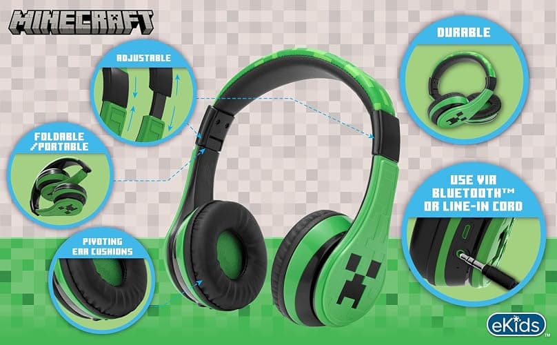 eKids Minecraft Kids Bluetooth Headphones, Wireless Headphones with Microphone Includes Aux Cord, Volume Reduced Kids Foldable Earphones for School, Home, or Travel thumbnail 2