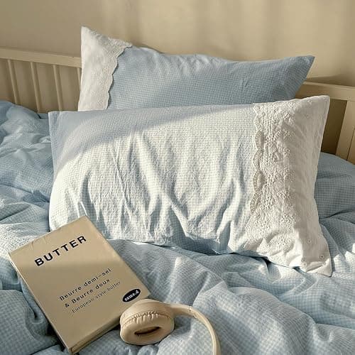 mixinni Blue Gingham Duvet Cover Full Size - 3 Piece Cottagecore Plaid Bedding Set with Lace Trim, Soft Washed Microfiber Vintage Aesthetic Grid Comforter Cover & Pillow Shams, (Blue White Gingham) thumbnail 7