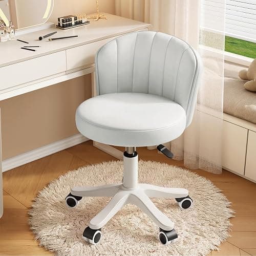 WXJHL Small Round Rolling Desk Chair Armless Comfy Vanity Computer Chair with Low Backrest PU Leather Height Adjustable Swivel Work Spa Chair - Image 1