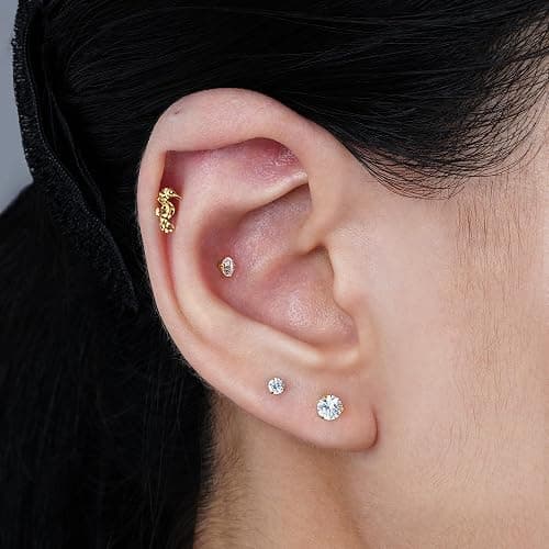 FINE4U 1PC 16G ASTM F136 Titanium Octopuses Piercings Jewelry with 6mm 8mm Post for Conch Helix Flat Labret 16G 6mm 8mm - Seahorses- Gold thumbnail 3