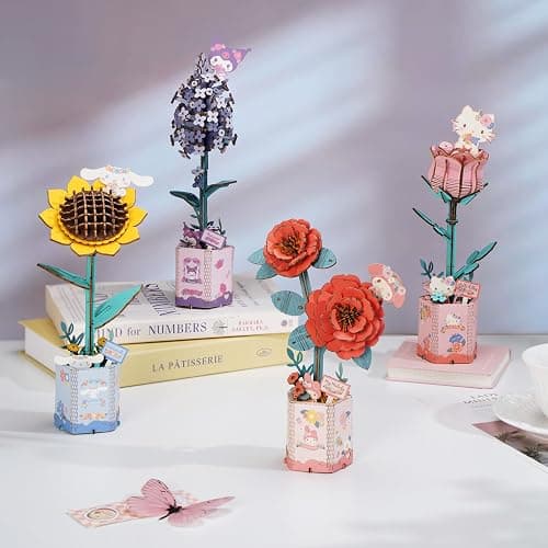 Hands Craft Hello Kitty and Friends My Melody Red Camellia 3D Wooden Puzzle Kit | DIY Flower Model | Arts & Crafts for Adults & Kids | Creative Hobby Kits | Wood Building Set | Unique Gift thumbnail 6