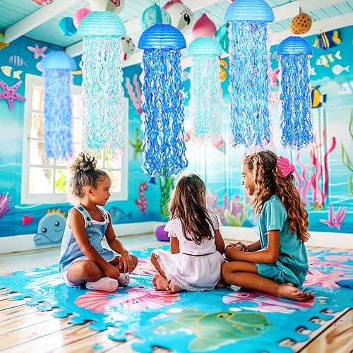OBXT 10" Blue Hanging Jellyfish Paper Lanterns - Under The Sea Party & Mermaid Birthday Decorations, Baby Shower, Nautical Events, Ocean Theme Classroom & Beach Room Decor (Set of 6) - Gradient Blue B thumbnail 6