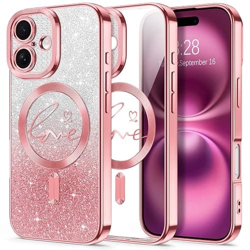 Hython for iPhone 16 Plus Case Glitter, Compatible with MagSafe Love Heart Magnetic Clear Phone Cases Women Girls, Full Camera Protection Sparkle Plating Shockproof Protective Cover, Pink - Image 1