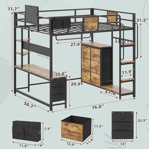 Dnxao Full Size Loft Bed with Desk, Heavy Duty Metal Bed Frame for Teens Adults, 6 Storage Drawers, Power Outlet with Type-C, LED Lights, Integrated Study Workstation for Small Room, Rustic Brown thumbnail 2