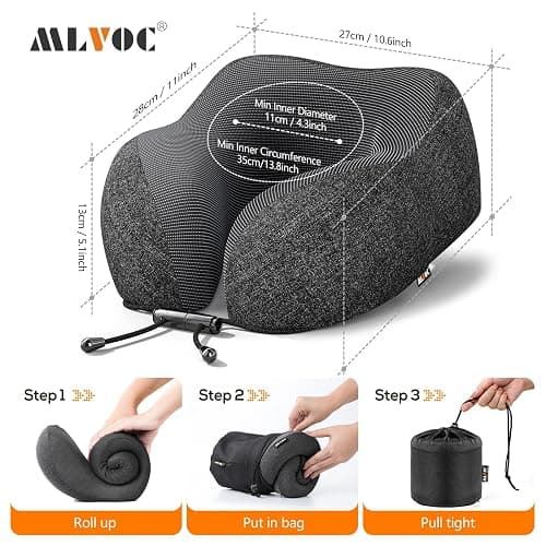 MLVOC Neck Pillow for Traveling, Upgraded 100% Pure Memory Foam Travel Neck Pillow for Airplane Flight Sleep, Breathable & Machine Washable Cover, Travel Kit with 3D Eye Mask, Earplugs & Bag, Black thumbnail 2