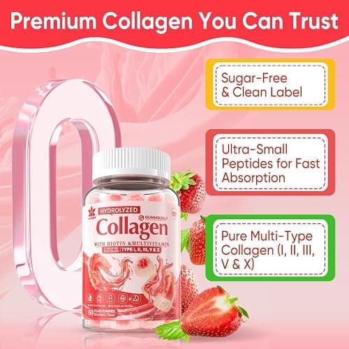 Collagen Peptide Gummies for Women & Men Sugar-Free, Multi Collagen Hydrolyzed w/ 1500mg Protein Type I,II,III,V,X, 5000mcg Biotin, Methylated B12, Vitamin C A E D3 B6 for Skin Hair Nails, Bone, 60Cts thumbnail 9
