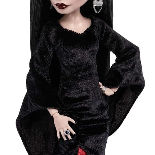 Monster High x Wednesday Doll, Morticia Addams Collectible in Black and Crimson Velvet Dress with Jewelry, Show-Inspired Heels and Doll Stand, JLK99 thumbnail 6