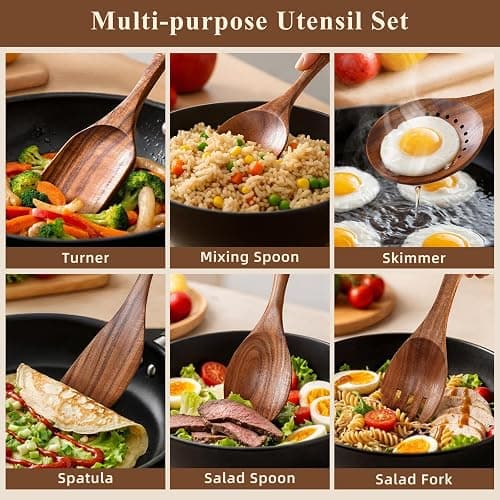 Wooden Spoons for Cooking, 12 Pcs Nonstick Wooden Cooking Utensils Set with Comfort Grip – 100% Natural Teak Wood - Sturdy, Lightweight & Heat Resistant Kitchen Utensils thumbnail 6