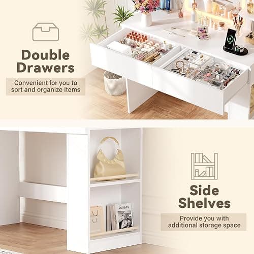 YESHOMY Vanity Desk with Mirror and Lights,35.4" Makeup Vanity with 2 Storgae Drawers, 2 Side Shelves and Open Storage Shelves, 3 Color Modes, for Bedroom, Pure White thumbnail 5