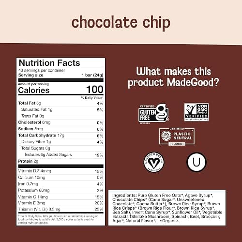 MadeGood Chocolate Chip Chewy Granola Bars, 40-Pack, Gluten Free Snacks | Dairy free, nutrients from vegetables for lunch boxes, on the go, 90 calories and Kosher, individually wrapped thumbnail 2