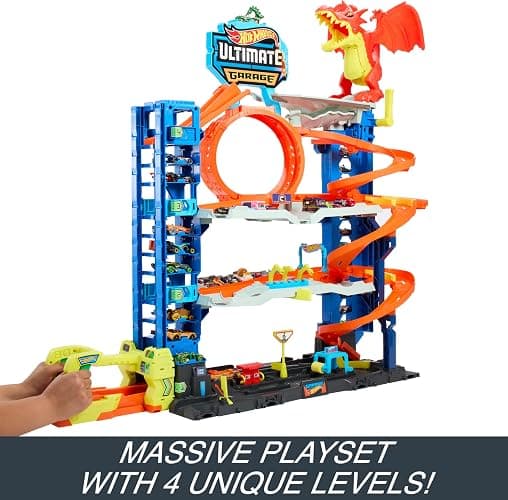 Hot Wheels City Ultimate Garage Track Set with 2 Die-Cast Toy Cars & Car-Eating Dragon, Stores 50+ Vehicles, 4 Levels thumbnail 3