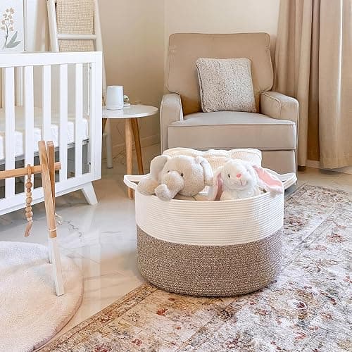 INDRESSME XXXLarge Cotton Rope Basket 21.7" x 21.7" x 13.8" Woven Baby Laundry Blanket Baskets Toy Burr Basket with Handle Storage Comforter Cushions for Christmas Thread Laundry Hamper thumbnail 7