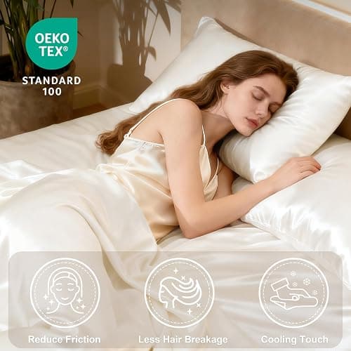 Love's cabin Full Size Satin Sheet Sets - 4 Piece Ivory Silky Sheet Set Full with Deep Pocket, Luxury Silk Feel Bed Sheets Full Bedding Set (1 Flat Sheet,1 Fitted Sheet,2 Pillow Cases) thumbnail 3