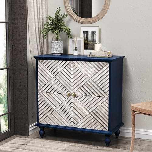 BHAODEAL Antique Wood Carved Accent Cabinet with 2 Doors, Rustic Sideboard Buffet Cabinet with Storage, Antique Credenza for Living Room Entryway Kitchen (Navy Blue) thumbnail 6