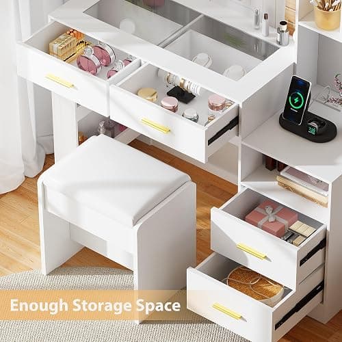 BEWISHOME White Vanity Desk with Mirror and Lights,Makeup Vanity Set with Glass Top,Large Dressing Table with Charging Station,4 Drawers,Nightstand,Stool,Makeup Desk for Girls Women Bedroom FST28W thumbnail 5