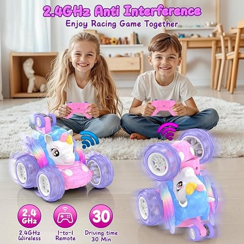 Unicorn Remote Control Car for Girls 3 4 5 6 7 8 Years Old, Pink Monster Truck with Colourful Light 360°Flip RC Stunt Car Rechargeable Kids Toy Birthday Gift/Present Juguete Carros Regalo Para Niñas thumbnail 5