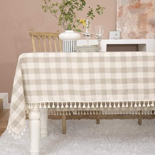 Midsummer Breeze Rustic Checkered Tablecloth, Cotton Gingham Rectangle Table Cloths for Kitchen Dining Restaurant Farmhouse Thanksgiving Christmas Decor (55x84”,Gray Khaki) - Image 1