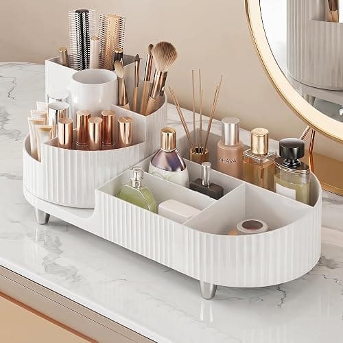 Booklov Rotating Makeup Organizer for Vanity Countertop, White | Plastic Cosmetic Display Case, Large Beauty Brush Holder for Bathroom Counter, Skin Care Perfumes Storage - Image 1