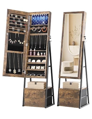 Nicetree Jewelry Cabinet Armoire with 2 Drawers, Lockable Standing Jewelry Mirror Cabinet, Full Length Mirror with Jewelry Storage, Rustic Brown - Image 1