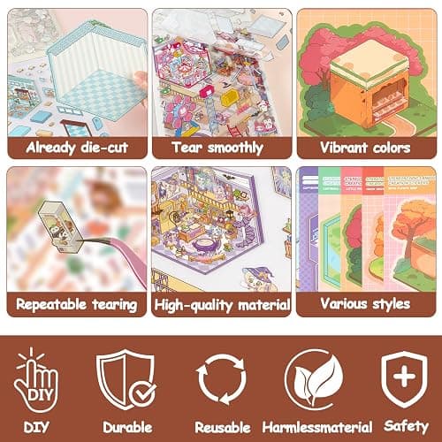 40 Sets DIY 3D Sticker Scene Collection Book Sticker Therapy, 3D House Stickers Set for Kids Adults Make Your Own Shop House Stickers, for Gifts Stress Relief Pass The Time, Cake Shop,Panda Tea Houses thumbnail 5