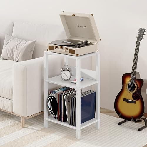TUTOTAK Record Player Stand with Storage Up to 100 Albums,Record Storage Table,3 Tier End Table,Side Table for Living Room, Bedroom, White TB01BW075 thumbnail 4