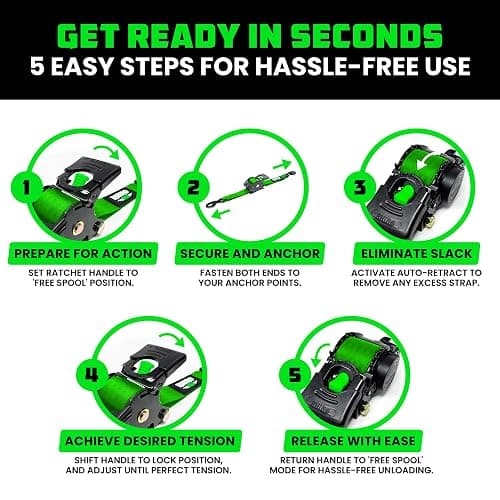 Rhino USA Retractable Ratchet Straps (4-Pack) - 1 Inch x 10 Feet (1,209lb Break Strength) - Auto Self Retracting Tie Down Straps for Truck, Cargo Trailer, Motorcycle, ATV, UTV - Green thumbnail 8