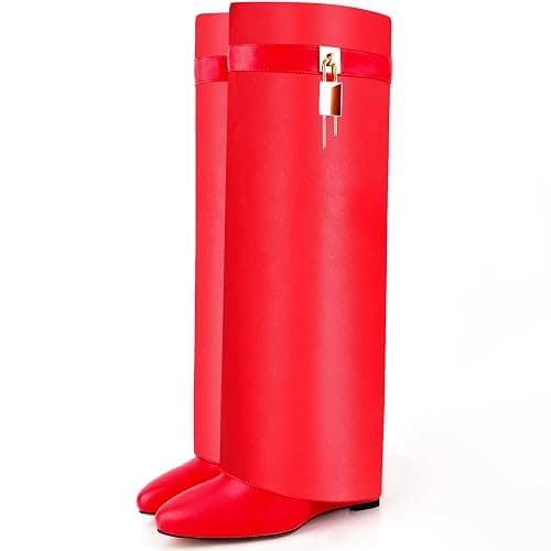 CDHYX Fold Over Boots for Women Pointy Pull-on Wedge Heel Knee Shark Boot With Side Zipper Padlock Design thumbnail 6