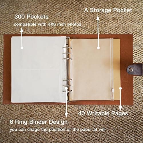 Adeerus Genuine Leather Photo Album 300 Pockets, 4x6 for 300 Photos, with 40 Writing Paper, Bookshelf Scrapbook for Travel Family Wedding Kids Graduation Baby Pictures, Wine Brown thumbnail 4
