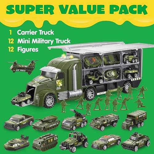 JOYIN 25 in 1 Military Kids Truck Toys for Age 3+, Toddler Boy Toys, Army Men Tanks Set with Soldier Men, Mini Battle Cars in Carrier Truck with Lights and Sounds, Christmas Great Gifts for Grandkids thumbnail 4