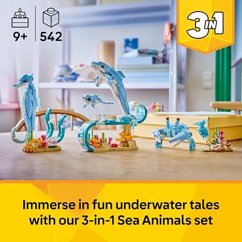 LEGO Creator 3in1 Sea Animals: Beautiful Dolphins Toy - Sea Animal Figure Transforms into a Seahorse or Crab - DIY Room Decor Idea - Creative Gift for 9+ Year Old Girls & Boys - 31385 thumbnail 3
