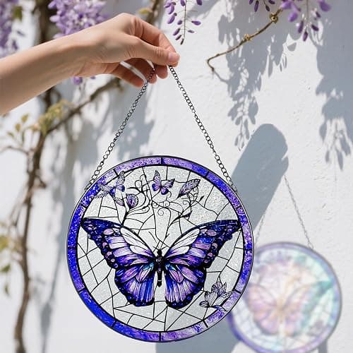 Stained Glass Window Hanging, 8 Inch Purple Butterfly Stained Glass Suncatcher, Butterfly Light Catcher, Window Hanging Decor, Gifts for Mother's Day, Christmas, Birthday, Gifts for Women Mom Grandma thumbnail 3