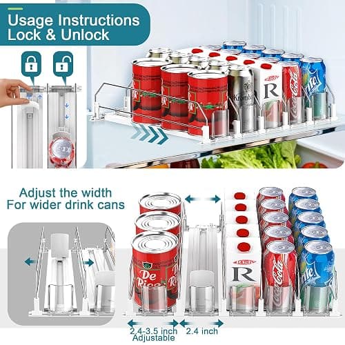 KUUKIKV Upgraded Drink Organizer for Fridge, Space-Saving Fridge Drink Organizer, Automatic Pusher Glide and Adjustable Width Drink Dispenser for Fridge - Holds Up to 25 Cans (5 Rows White) thumbnail 5