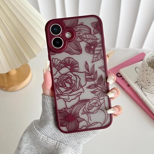 XIZYO for iPhone 16 Case Cute Floral, Wine Red | Girly Women Flower Rose Aesthetic Burgundy Pattern, Full Camera Protection Translucent Matte Anti-Yellowing Shockproof Cover thumbnail 3