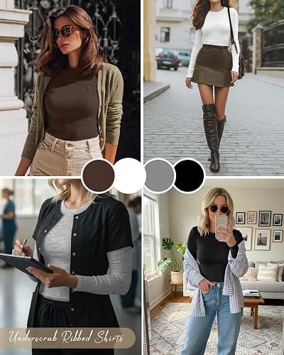 Neer 4 Pack Women's Ribbed Long Sleeve Shirts, Cotton Crew Neck Slim Fit Tops Stretch Knit Casual Base Layer Basic Tee Shirts thumbnail 3