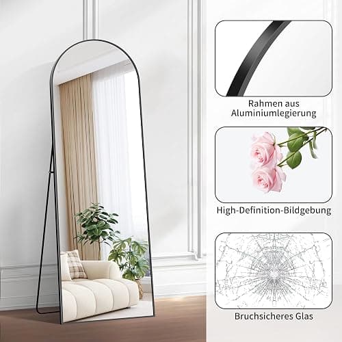 BONEWEI Ganzkörperspiegel 161x52cm, Bogen Standspiegel Ganzkörperspiegel mit Schwarzer Aluminiumrahmen, Groß Gewölbter Wandspiegel zum Stehen, Anlehnen oder Hängen für Wohnzimmer Schlafzimmer Flur thumbnail 5