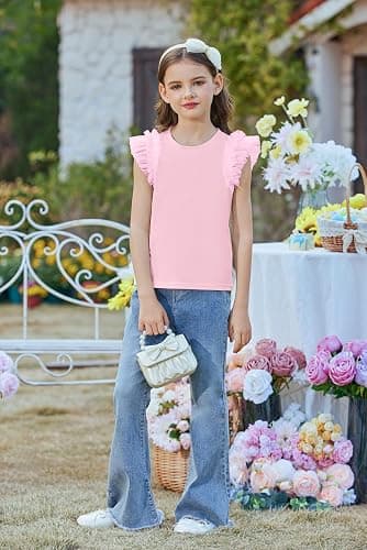 Arshiner Shirts for Girls with Mesh Flying Short Sleeve Crewneck Casual Summer Kids T Shirt Blouse Tops Tee thumbnail 4