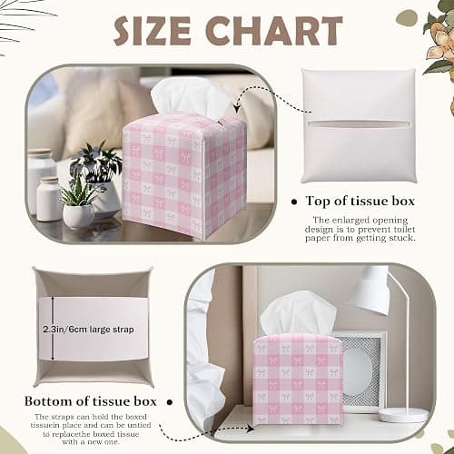 ❤️Pink Gingham Bow Decorative Leather Tissue Box Cover - Cute Tissue Holder Gifts for Women and Friends Funny Unique for Home Decor Decorative for Kitchen Bathroom Nightstands Office - A21 thumbnail 3