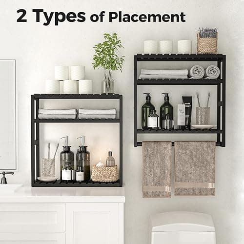 Bamworld Over The Toilet Storage Adjustable 3 Tiers Floating Shelves Bathroom Storage Shelves Organizer for Wall Mounted with Hanging Rod (Black) thumbnail 5