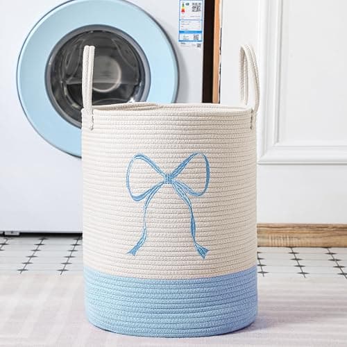 Honeydak Blue Laundry Basket Coquette Bow Hamper 15 x 17.7 Inches | Cotton Rope Hamper with Handle, Teens Girl Room Nursery Decor, Cute Decorative Basket, for Living Room, Storage Toy Clothes thumbnail 5