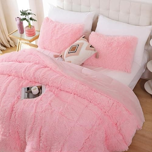 Smoofy Fluffy Queen Comforter Set, Faux Fur Pink Comforter Set Queen Size, Luxury Fuzzy Bedding Set, Soft Shaggy Bed Set Pink for All Season, 3 Pieces - 1 Comforter & 2 Pillowcases thumbnail 2